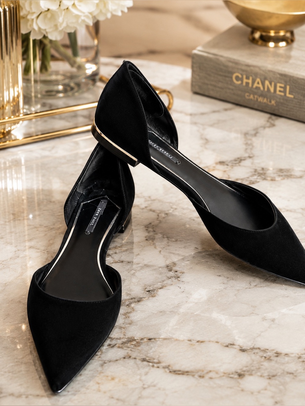 Zara Black Suede Pointed D'Orsay Flats with Metallic Heel Trim